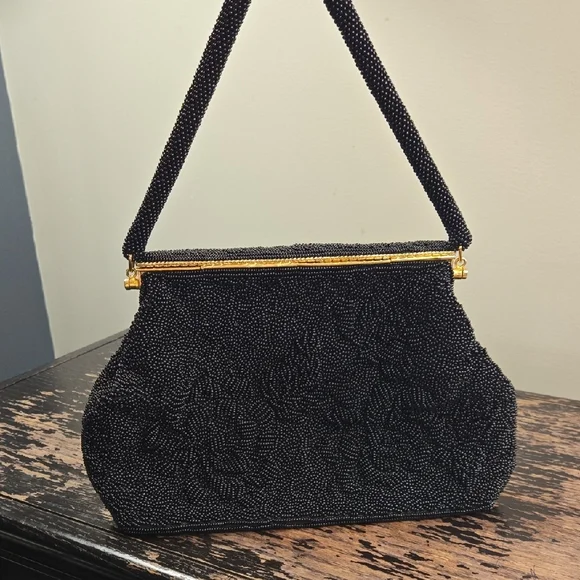 Black Beaded Vintage Handbag with Silk Interior - Picture 3 of 9